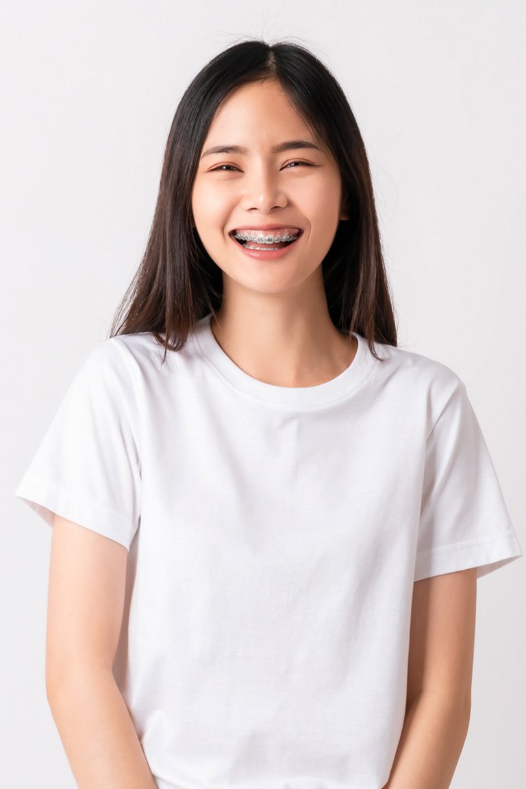 Cheerful Asian Woman In White T Shirt And Stand Smiling With Braces On White Background